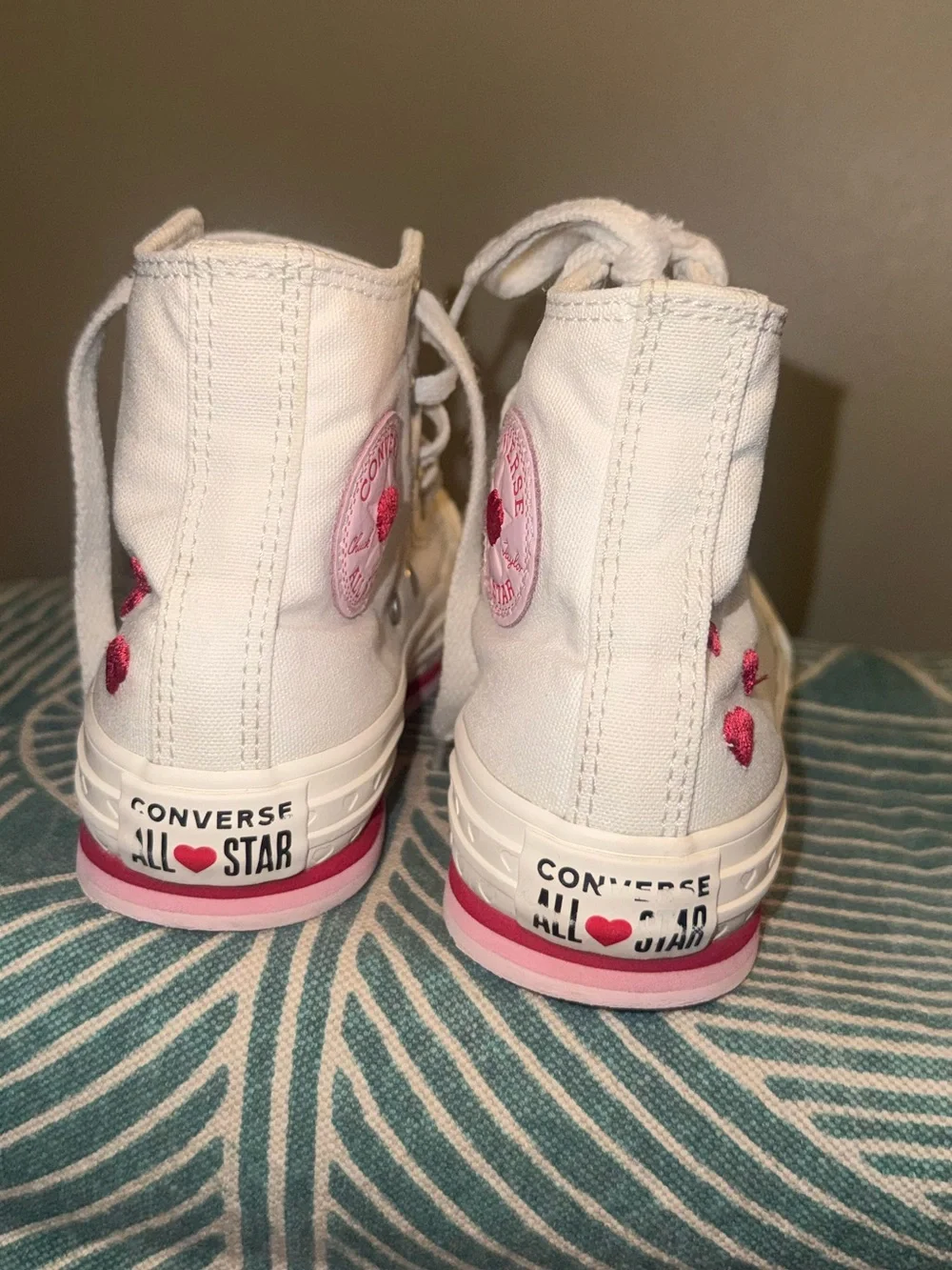 Converse Kids White High Top Sneakers with Red Heart and Pink & Red Stripes